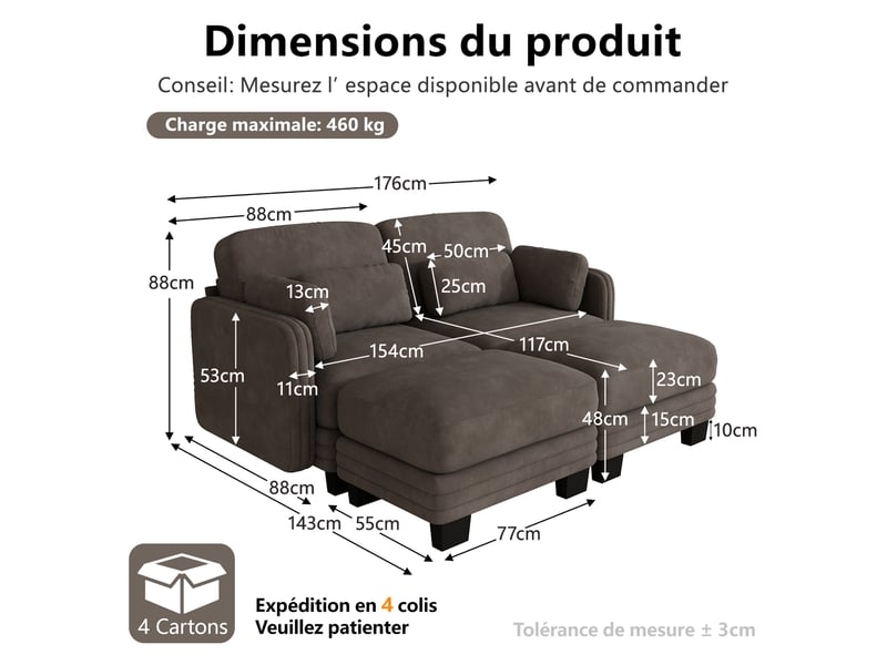  Canapé droit modulable 2 places avec 2 ottomanes en chenille marron 176x143x88 cm  - Conforama C