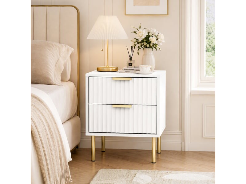  Table de chevet, table de nuit cannelée avec 2 tiroirs et pieds en acier, pour chambre à coucher, salon, blanc  - Conforama D