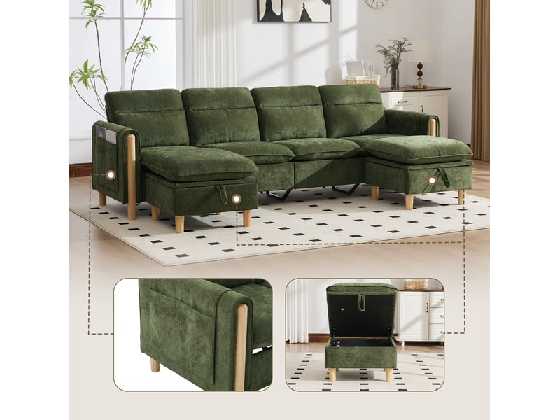 Canapé modulable modenvie 4 places en chenille vert avec 2 poufs de rangement 261 x 77 x 86 cm - Conforama D