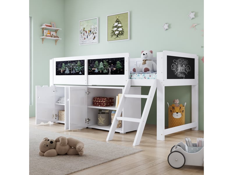 Lit mezzanine enfant simple 90×200 cm, armoire et tableau - échelle inclinée, sans matelas, bois blanc et noir - Conforama B