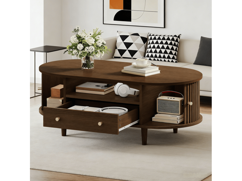  Table basse ovale 100x50x36 cm avec tiroir et porte à rideau en mdf coloris noyer  - Conforama C