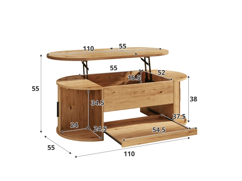  Table basse relevable, table de salon avec rangement caché et portes coulissantes, table basse moderne en mdf avec effet strié 110x55x55 cm, naturel  - Conforama E