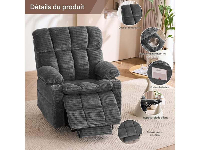  Fauteuil releveur électrique 2 moteurs avec massage et chauffage gris W5760S00004 - Conforama C