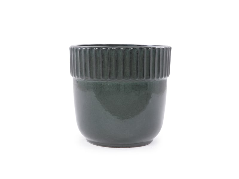 Pot de fleurs céramique artisanal unique ø 38 cm, vert foncé brillant avec bandeau vertical strié, atmosphérique, résistant au gel, avec trou de drainage pour grandes plantes d'intérieur et extérieur - Conforama A