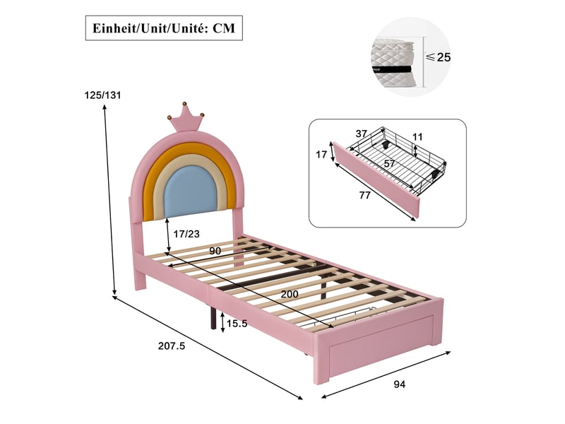  Lit enfant 90x200 cm avec tiroir au pied, lit rembourré avec tête arc-en-ciel couronne réglable sur 2 hauteurs, jusqu’à 150 kg, revêtement pu, rose OPULERANE TRADING LTD - Conforama C