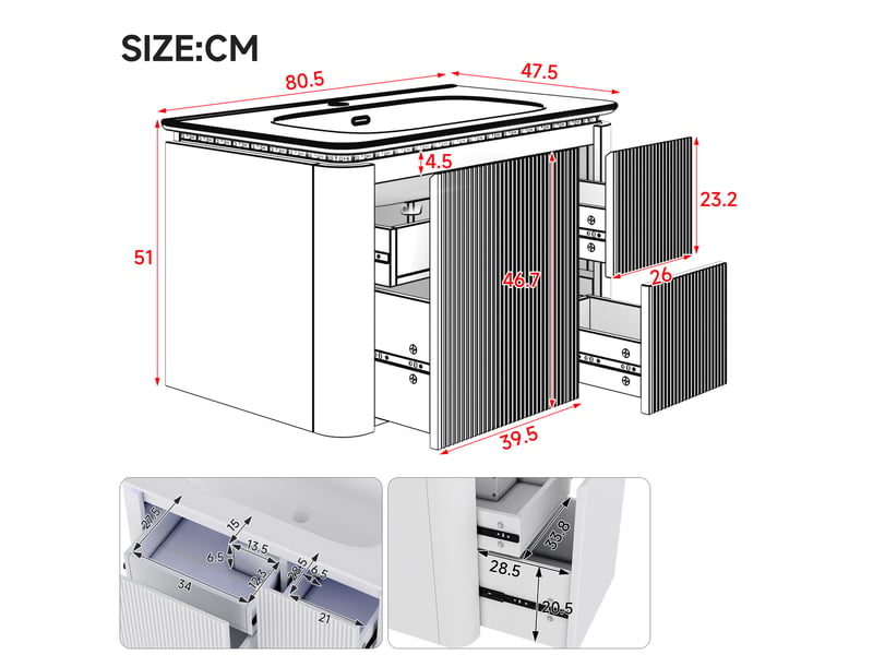  Meuble vasque salle de bain suspendu 80,5x47,5x51 cm, armoire avec led, 4 tiroirs, style moderne, mdf blanc, design  - Conforama C
