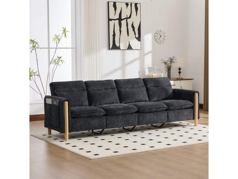 Canapé droit 4 pl 261x77x86 cm poches latérales et pieds en bois, 2 poufs de rangement, tissu chenille noir, pour le salon - Conforama B