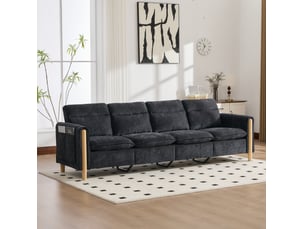 Canapé droit 4 pl 261x77x86 cm poches latérales et pieds en bois, 2 poufs de rangement, tissu chenille noir, pour le salon