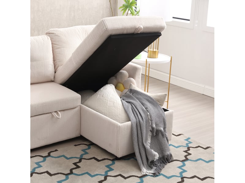  Canapé d'angle modulable convertible 3 places avec rangement, en velours côtelé beige  - Conforama E