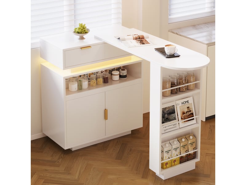  Table de bar extensible, îlot de cuisine avec rangement et éclairage led, pivotant à 360°, comptoir pour salle à manger, blanc  - Conforama E
