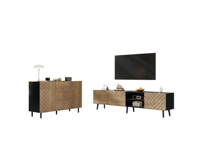  Ensemble meuble tv et buffet, 180×33,5×45 cm + 120×40×76 cm, en panneaux de particules imitation bois, couleur naturel  - Conforama A