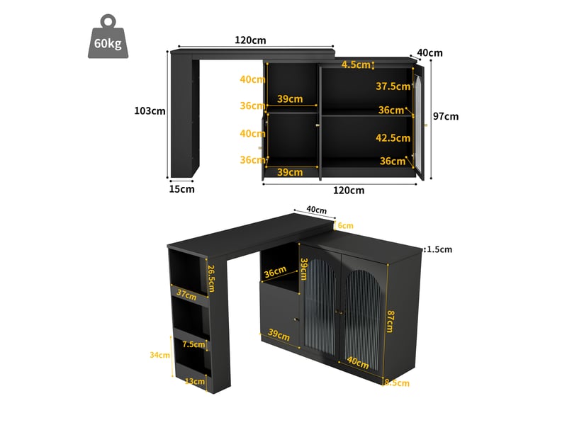 Meuble bar rotatif 360° 120x40x97 cm, avec rangement et portes vitrées cannelées, îlot de cuisine en mdf - noir - Conforama C