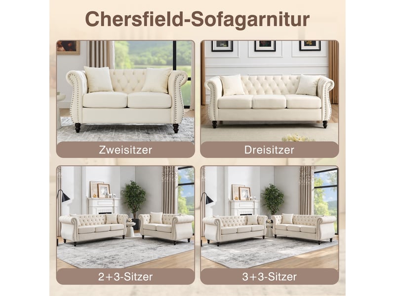 Canapé chesterfield beige en velours, 203 x 73,6 x 76 cm, pieds en hévéa, boutons capitonnés, clous argentés  - Conforama D