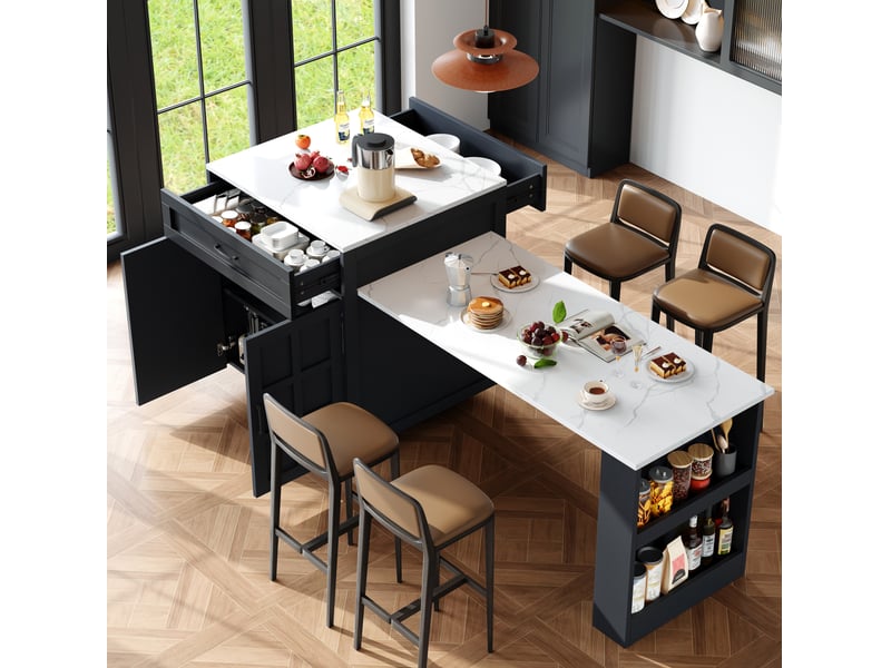  Îlot de cuisine extensible 133x70x93.5 cm à 202x70x93.5 cm avec rangement, 2 tiroirs et 4 compartiments mdf noir  - Conforama E
