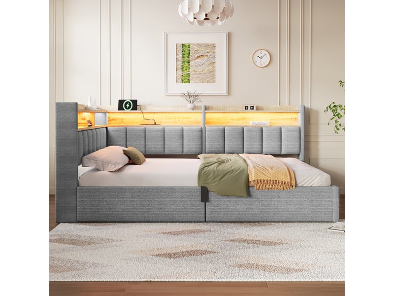  Lit coffre hydraulique 140x200 cm avec led, usb-a et usb-c et tête réversible, velours gris, sans matelas  - Conforama W
