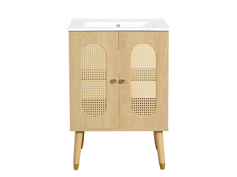  Meuble salle de bain 61cm avec vasque céramique, portes rotin, bois naturel  - Conforama A