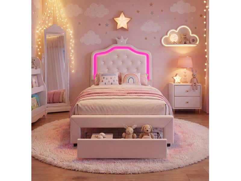 Lit 90x200cm - lit enfant 90x200 - lit simple rembourré en pu avec led rgb, tiroir au pied et sommier à lattes - blanc - Conforama E