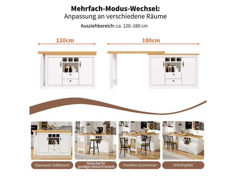  Table de bar extensible avec plateau pivotant 360°, rangement intégré et casier à vin, 120–180 x 40 x 76 cm, blanc  - Conforama D