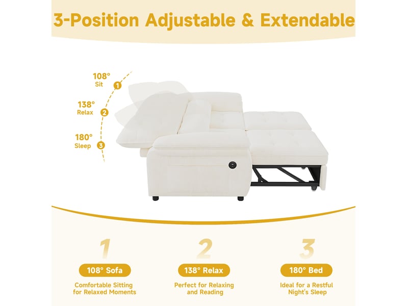Canapé-lit 3-en-1 2 places 142x90 cm – beige – couchage double, dossier réglable et ports usbusb-c - Conforama E