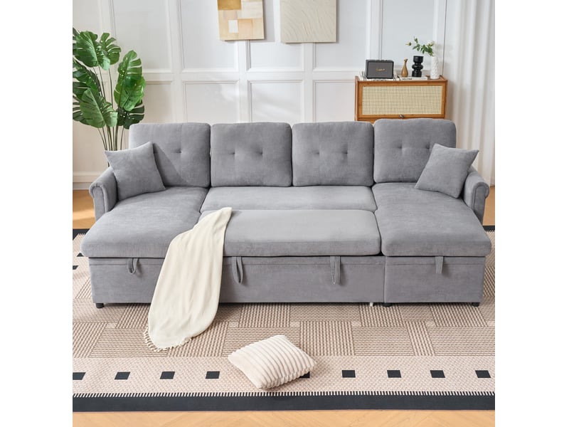  Canapé d'angle convertible en u 4 places gris en tissu 266 x 130 cm, rangements doubles et couchage d'appoint  - Conforama E