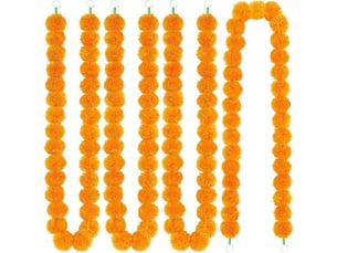 Guirlande de 5 œillets d'inde décoratifs, 1,5 m d'œillets d'inde artificiels, décorations de diwali pour la maison, fleurs orange.