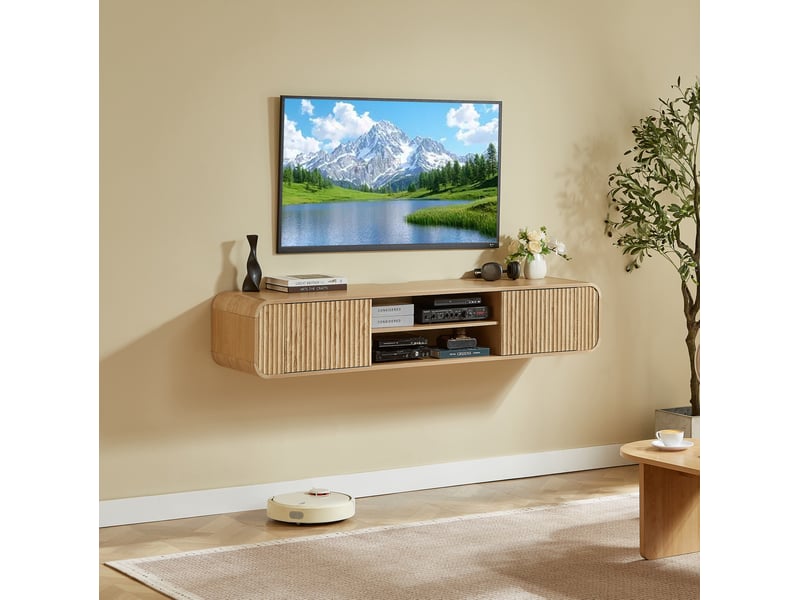  Meuble tv mural suspendu avec 2 portes, 2 niches ouvertes et passe-câbles pour salon, naturel, 160 × 38 × 30 cm  - Conforama C