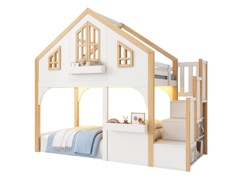 Lit superposé enfant 90x200 en bois avec escalier de rangement et éclairage led - blanc et nature - Conforama A