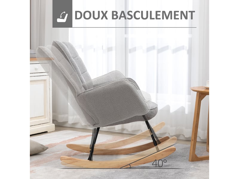  Fauteuil à bascule en tissu bouclé et acier gris clair 71 x 98 x 101 cm  - Conforama D