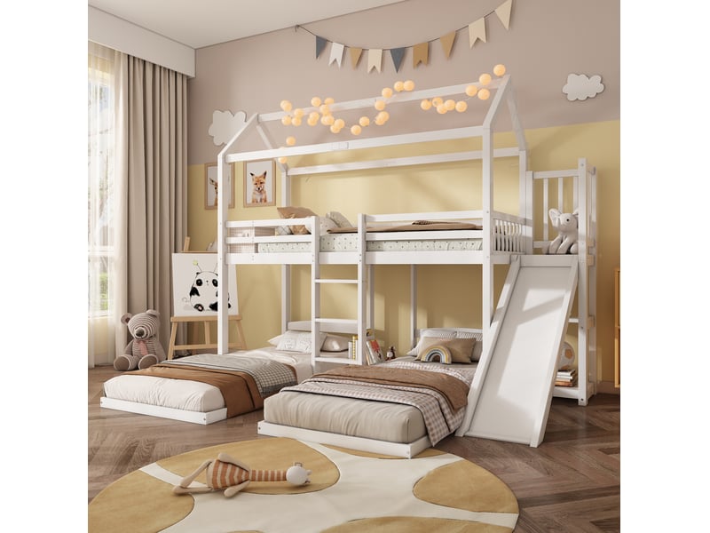  Lit superposé enfant 90x200 cm, lit 3 couchages avec toboggan, toit et rangement supérieur, mdf, blanc, sans matelas  - Conforama B