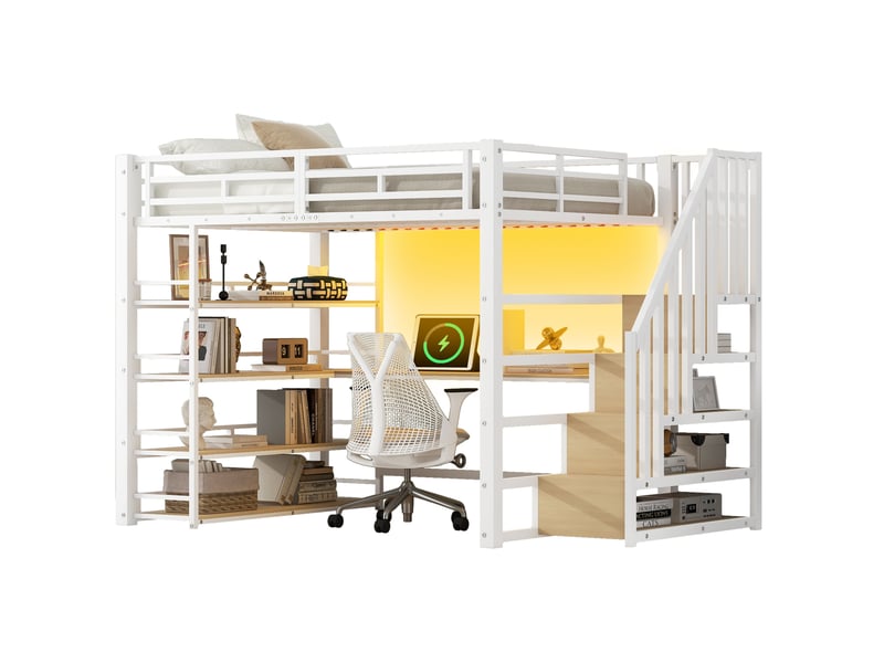 Lit mezzanine 140x200cm avec led, lit enfant, escalier rangement, bureau, usb, garde-corps, mdf+métal blanc sans matelas  - Conforama A