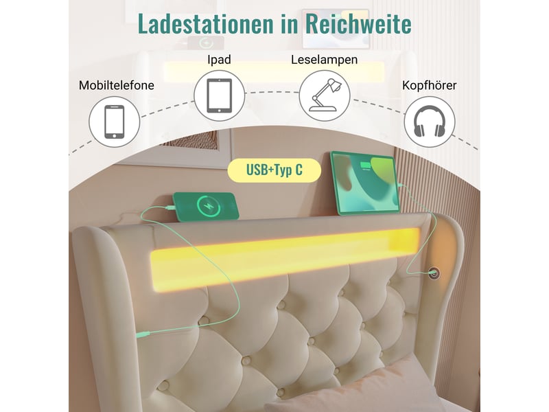  Lit coffre, lit enfant 90x200 cm, tête de lit avec rangement, led, usbusb-c, velours beige, matelas inclus  - Conforama R