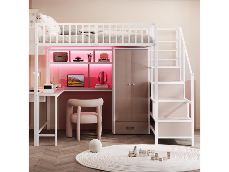 Lit enfant 140x200 cm avec éclairage led, lit mezzanine, lit double avec bureau et tiroirs, lit 2 personnes, blanc - Conforama E