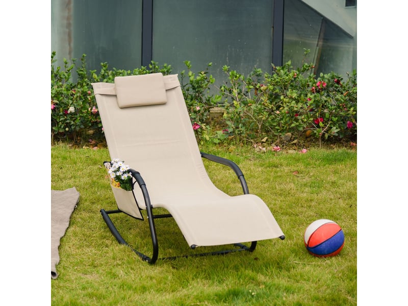  Bain de soleil 150 x 62 x 88 cm chaise longue de jardin bascule relaxante structure métal assise mesh coloris beige  - Conforama A