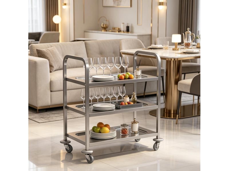  Desserte de cuisine 90,5 x 50,5 x 88,2 cm argentée, acier chromé, 3 étagères sur roulettes avec freins  - Conforama D