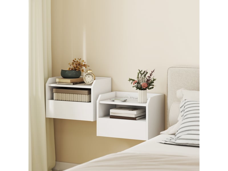  Ensemble de 2 tables de chevet suspendues avec station de charge, tiroir et étagère ouverte, 40 x 29 x 29 cm, blanches  - Conforama D