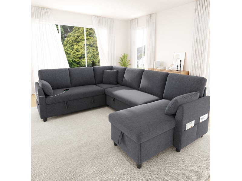  Canapé d'angle convertible 6 places réversible avec rangements, usb type c, poches et 3 coussins en polyester gris  - Conforama E