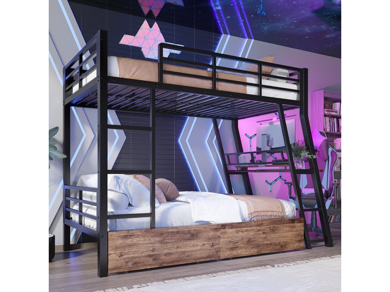  Lit mezzanine 90 x 200cm sans matelas, structure métal, led, tiroirs, bureau, échelle, noir  - Conforama E