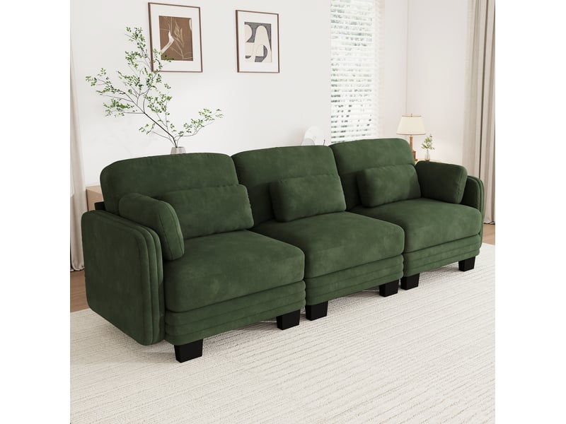  Canapé droit modulaire 3 places 253x88x88 cm, accoudoirs et coussins de soutien, cadre en bois, chenille, vert  - Conforama B
