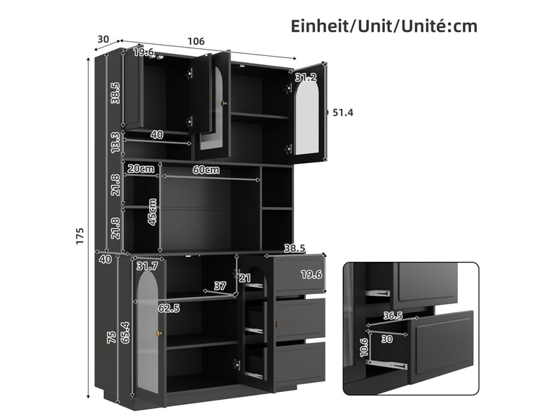 Buffet de cuisine haut avec 6 portes, 3 tiroirs et led pilotée par application en mdf noir pour salle à manger  - Conforama C