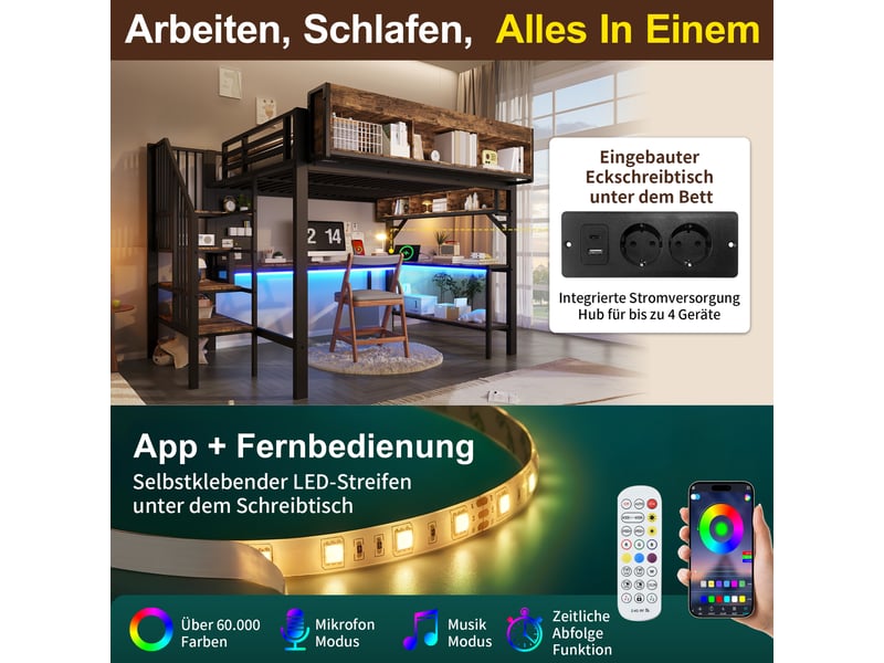  Lit mezzanine 140x200 cm marron et noir avec bureau d'angle, rangement, usb type-c et led, sans matelas  - Conforama D