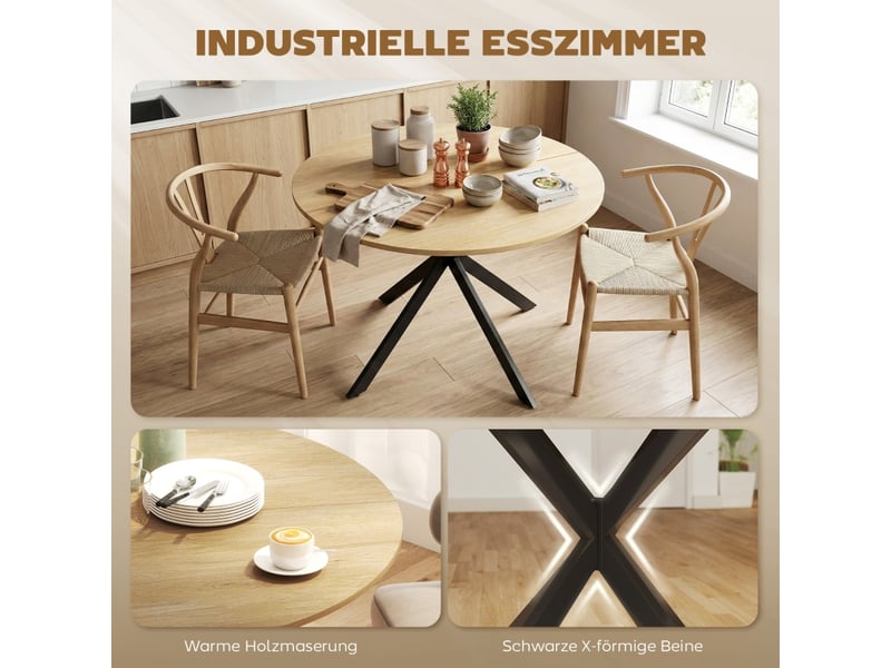 Table de salle à manger ronde pour 4 personnes avec pieds en acier, surface mélaminée, cuisine, diamètre 100 cm, chêne - Conforama E