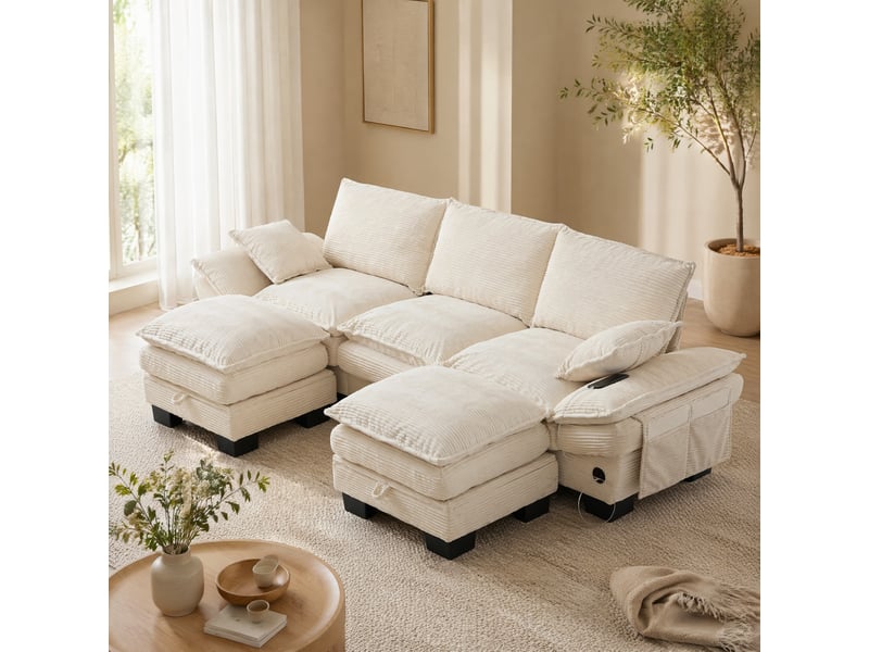  Canapé 3 places modulable en velours côtelé beige avec 2 poufs, port usb-c et poches latérales  - Conforama C