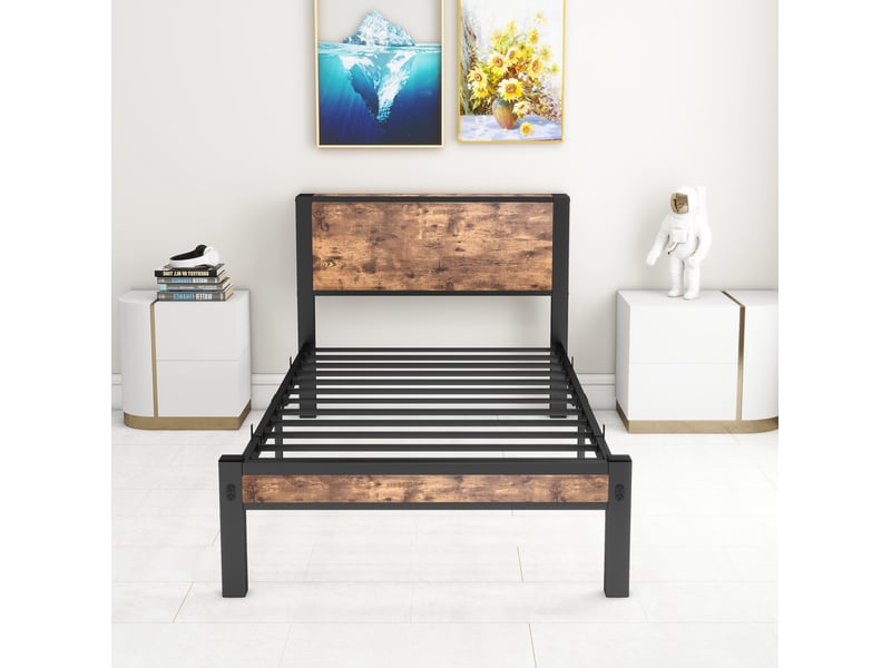  Elvmi lit simple 90x200 cm avec tête de lit de rangement, cadre de lit plateforme en métal et mdf, 13 lattes métalliques, 6 pieds, espace de rangement sous le lit 27 cm, structure stable et silencieuse, style industriel brun ant…  - Conforama C