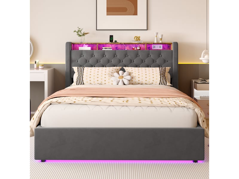  Lit coffre 2 places 140x200 cm avec led et usb-c, en velours gris  - Conforama E