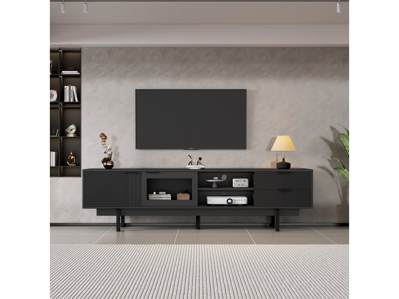  Meuble tv 200 cm noir pour téléviseur 80 pouces avec 2 portes et 2 tiroirs  - Conforama B