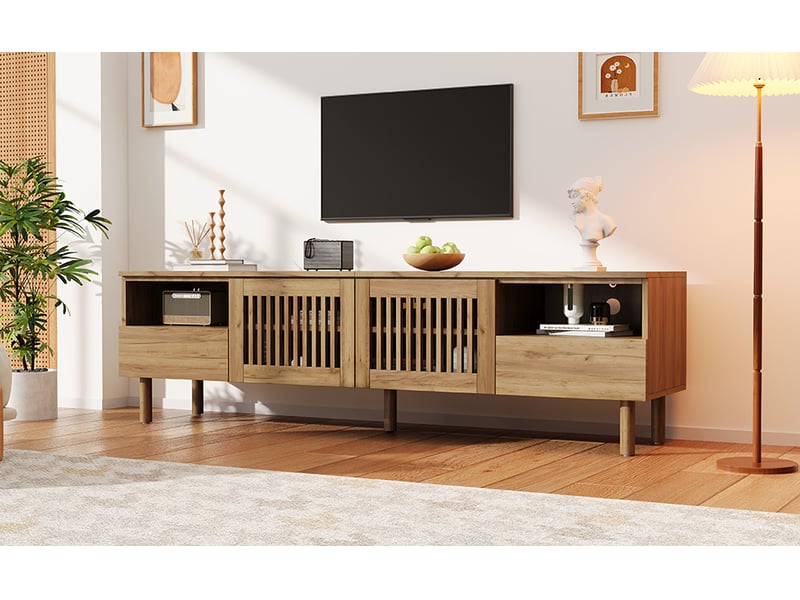  Meuble tv 180 cm en mdf, 2 portes ajourées, 2 tiroirs, pour écran 55 à 75 pouces, bois naturel  - Conforama C