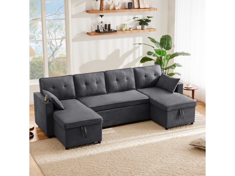 Canapé convertible en u 270x130 cm, canapé-lit 45 places avec rangements, porte-gobelets, 2 coussins, tissu aspect lin - gray - Conforama B