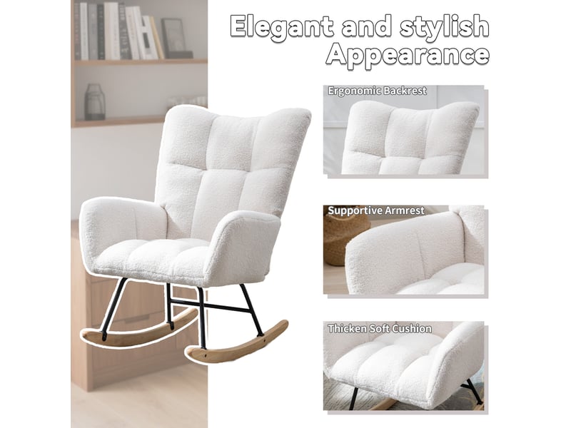  Fauteuil à bascule 65x77x90 cm, dossier enveloppant, poche latérale, tissu teddy et bois, blanc  - Conforama E