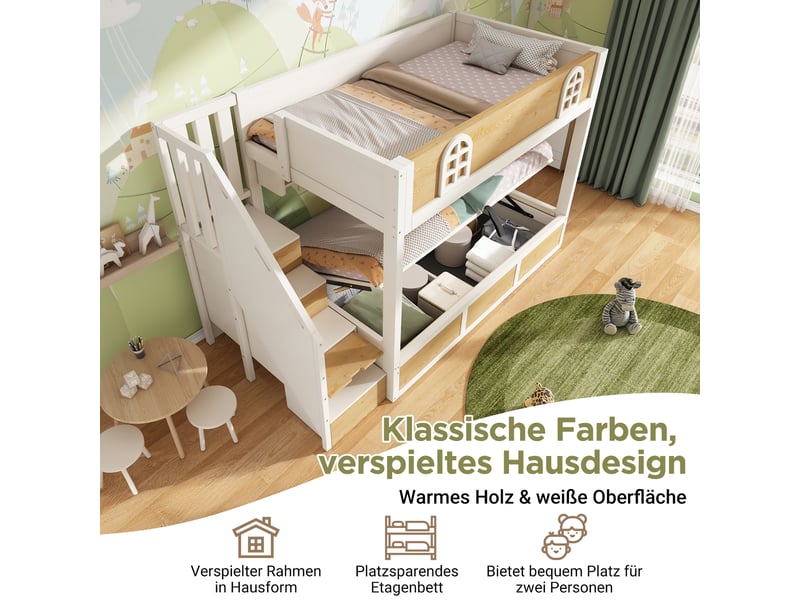 Lit superposé 90x200 cm avec espace de rangement hydraulique, lit enfant avec port usb-c et armoire-escalier, blanc et naturel - Conforama D