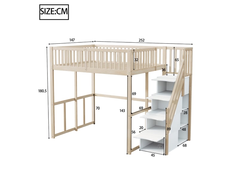  Lit mezzanine, 140x200 cm, pour chambre, avec escalier aménagé, garde corps, matelas non inclus, bois, coloris naturel  - Conforama C